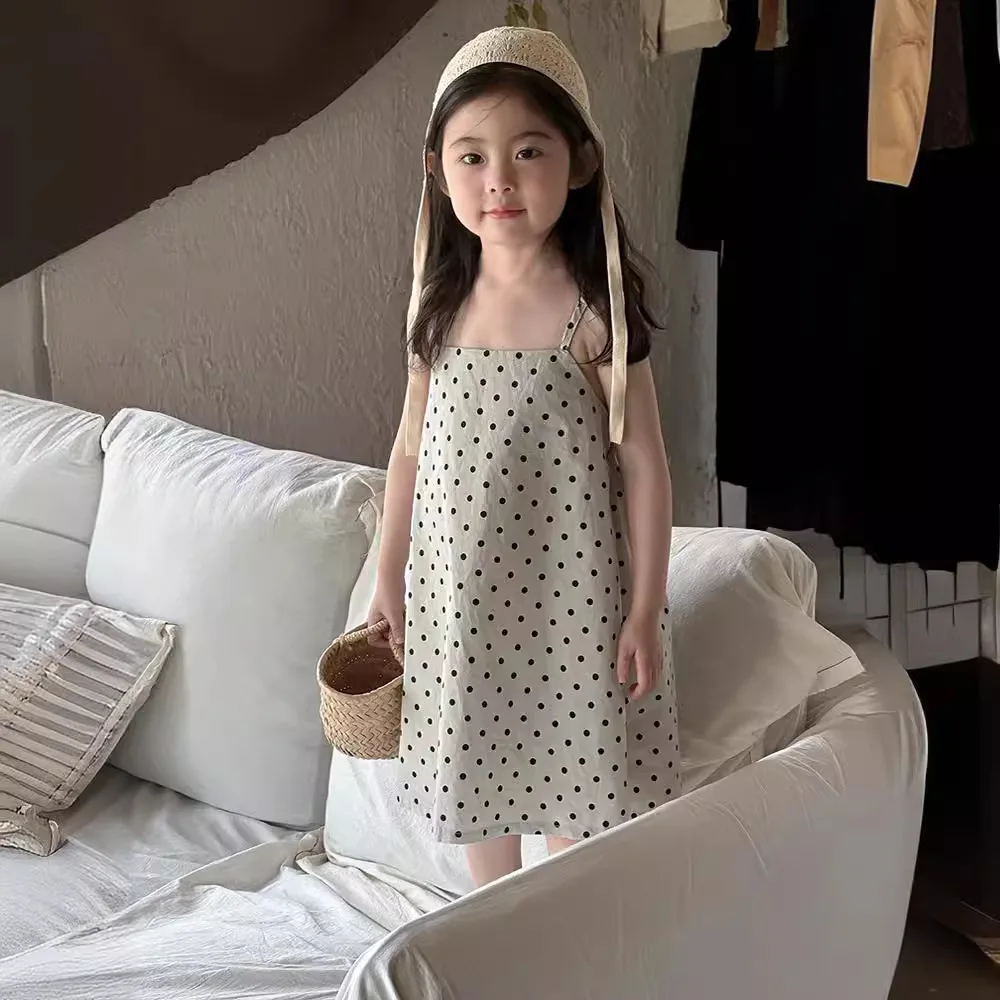 Girls Dress 2024 Summer New Korean Wave Point Backless Sling Casual Simple Fashion Loose Sweet Active Vintage Cute Soft Cool