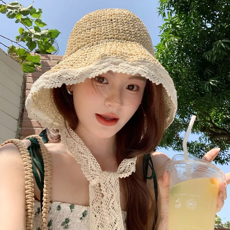 Lace Straw Hat Women Summer Sun Hats Woman  Wide Brim Straw Beach Side Cap Floppy Female Straw Hat Lace Solid Fringe Summer Cap