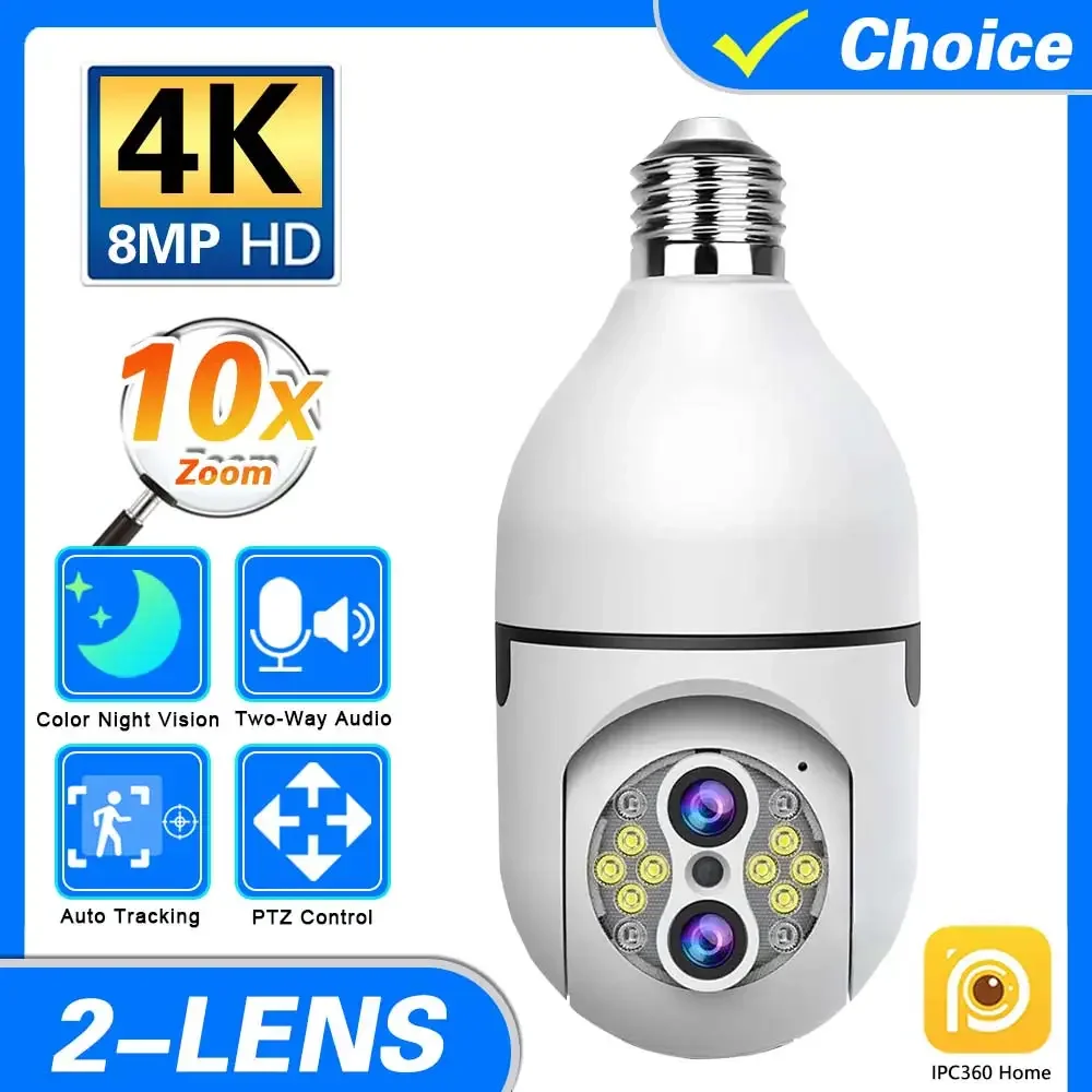 

8MP 10X PTZ Zoom 4K Wifi E27 Bulb Security Baby Monitor Wireless Automatic Human Tracking Dual Lens Light Surveillance Cameras