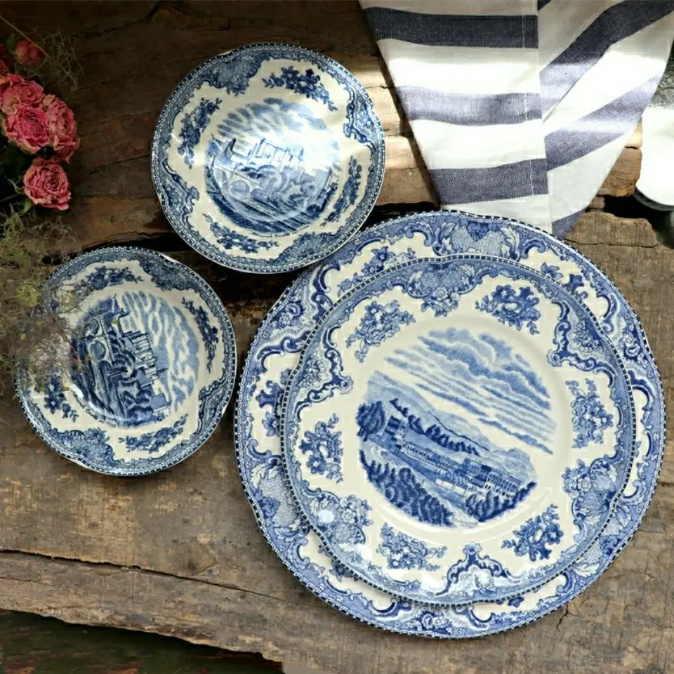 Ceramic Vintage European Blue Castle Steak Flat Soup Plate Bread Plate