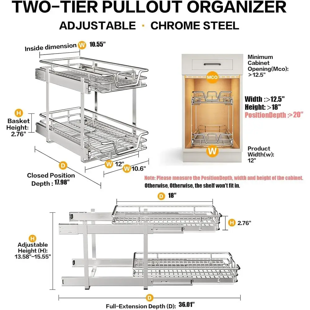 منظم قابل للسحب بطبقة مزدوجة مع أرفف قابلة للتعديل لخزائن المطبخ، حلول تخزين المؤن 12 وات × 21 دي #2