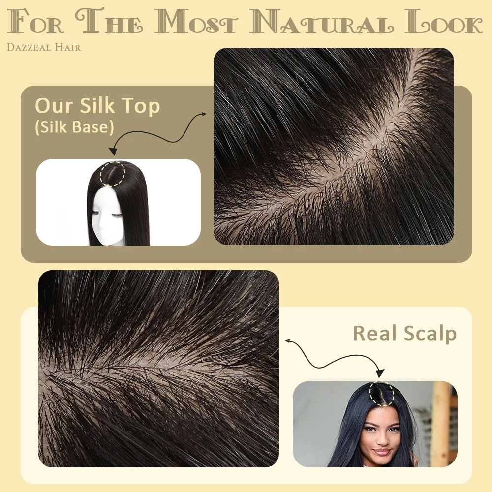 Base de seda Dazzeal para mujer, extensiones de cabello humano Natural europeo, Clip ins, postizo, Base de seda recta, adornos de cabello humano