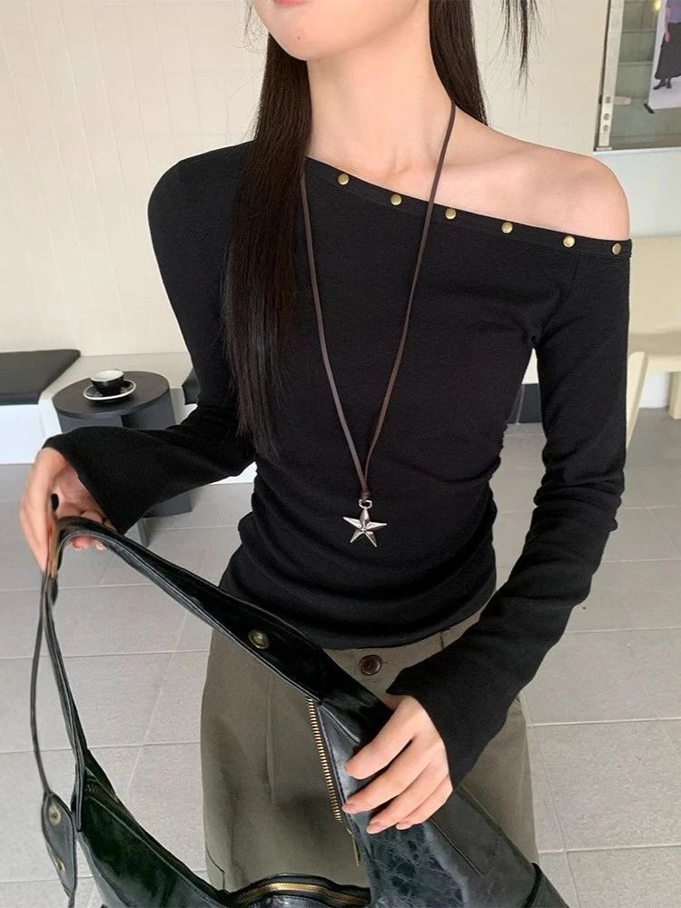 الخريف خمر برشام بلايز الشارع الشهير المرأة انحراف طوق الجرونج تيز Harajuku غير النظامية مطوي Bodycon التي شيرت