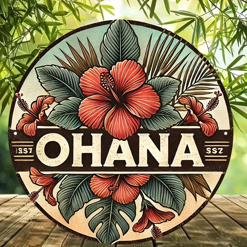 2D Flat, Vintage "Ohana" Aluminum Sign - 20.32x20.32 cm Round Tropical Floral & Bird Design, Hawaiian-Themed Wall Art for Home &