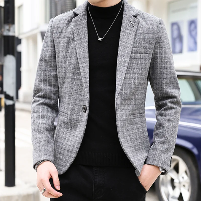 

High Quality Blazer Men's Thickened Plaid Fashion Elegant Gentleman Simple Business Work Party Casual Wool Suit Slim Coat