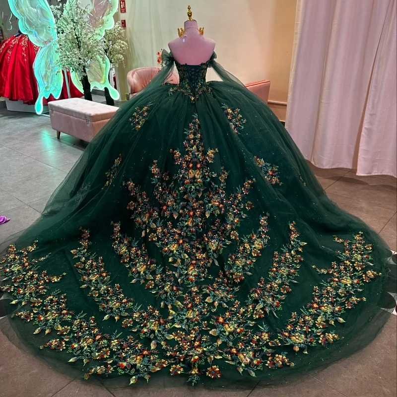 Blackish Green Shiny Quinceanera Dresses Off Shoulder Vestidos De 15 Años Sequin Applique Beads Tull Birthday Party Sweet