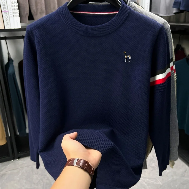 Designer Herbst-Winter O-Ausschnitt Stickerei Strickpullover Bequemer Einfarbiger Langarm-Pullover Warme Alltagskleidung für Männer – Detail 7
