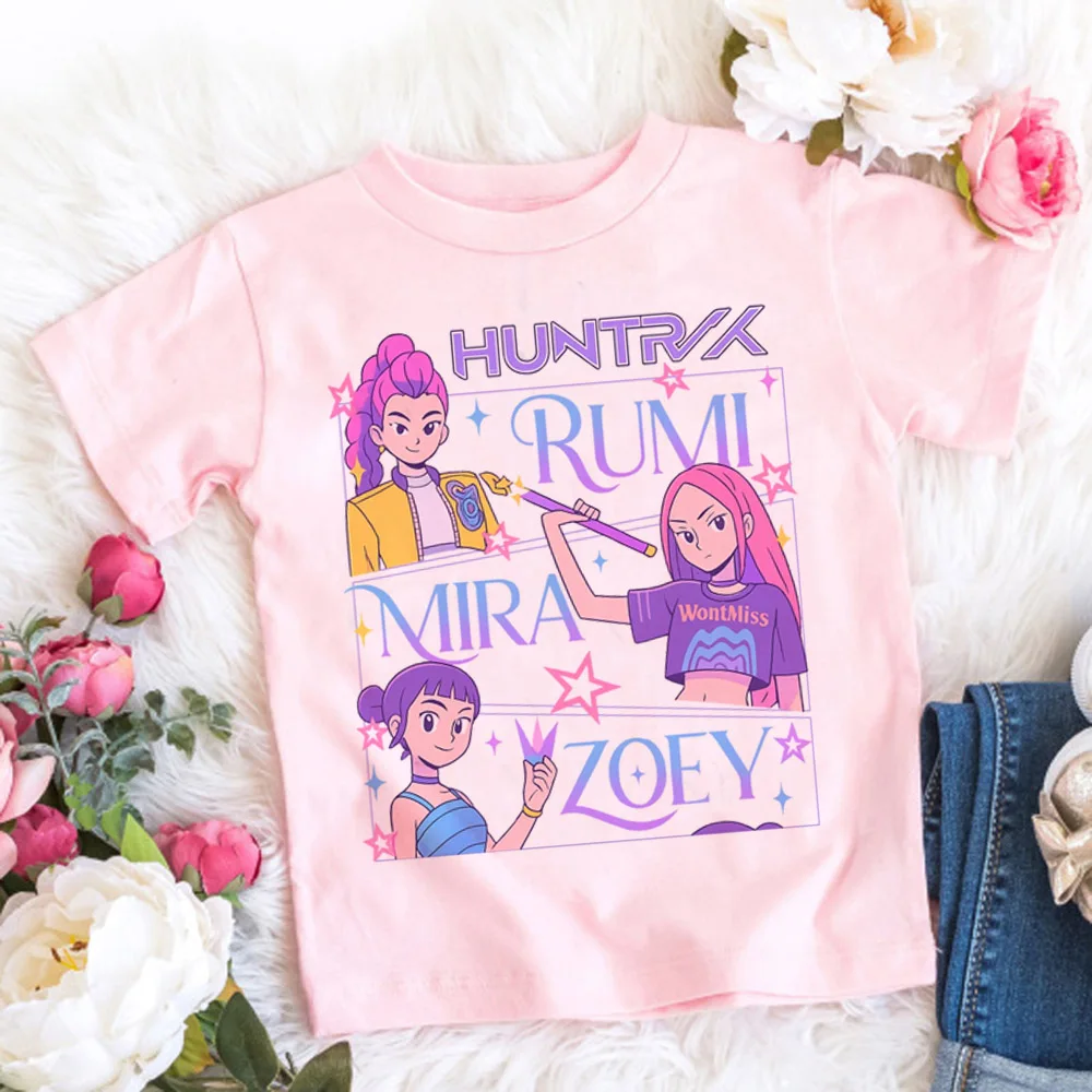 2025 Summer Kpop Demon Hunters T Shirt Kids Cartoon Anime Meme Print Clothes Round Neck Basic Boys Tops Casual Shirts Gift image 5