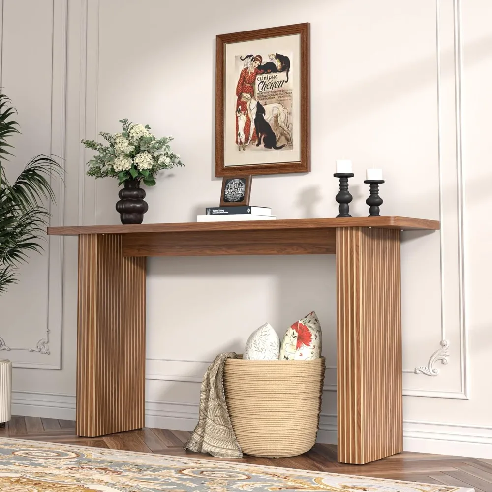 Geriffelter langer Konsolentisch 60 Zoll, Sofatisch aus Holz hinter der Couch, moderner schmaler Eingangstisch aus der Mitte des Jahrhunderts