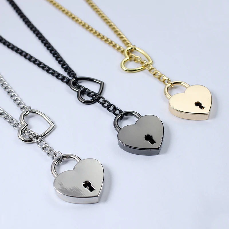 Womens Slip Chain Necklace Heart O-Ring Punk Rock Cuban Long Necklace Jewelry Adjustable Lariat Y-Necklace Heart Locker With Key