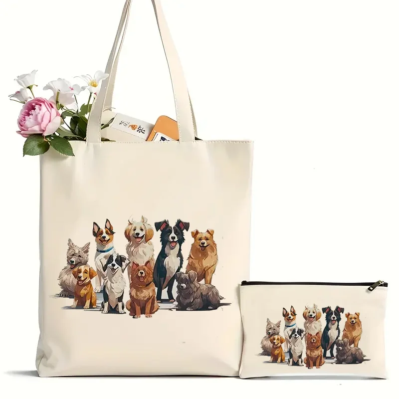 2Pcs Cute Dog Print Canvas Tote Bag, Large Capacity Shoulder Bag, Perfect Underarm Bag For Shopping