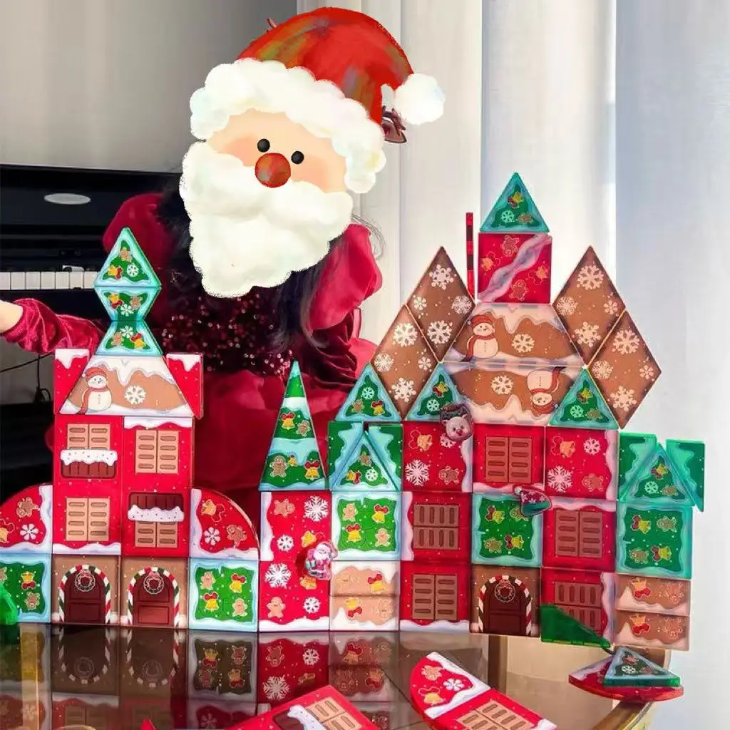 Christmas Colorful Window Magnetic Tile Building Blocks Set DIY Puzzle 3D Puzzle New Year Kids Toys Christmas Gifts ﻿