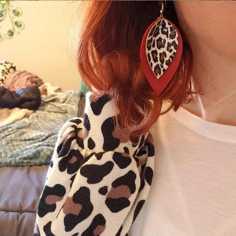 Double Layer Leaf Leather Earrings  Leopard Print PU Drop Dangle Lightweight Earring for Women Jewelry Gifts