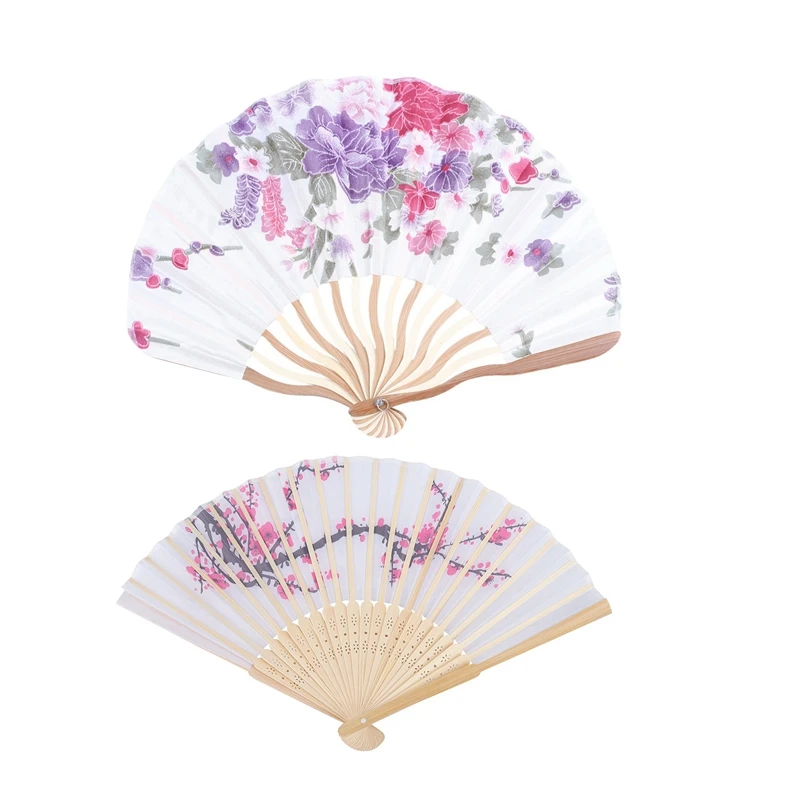 

2 Pcs Foldable Hand Held Fan: 1Pcs Bamboo Flower Printed Japanese Style Folding Fan & 1Pcs Plum Blossom Silk Folding Fan