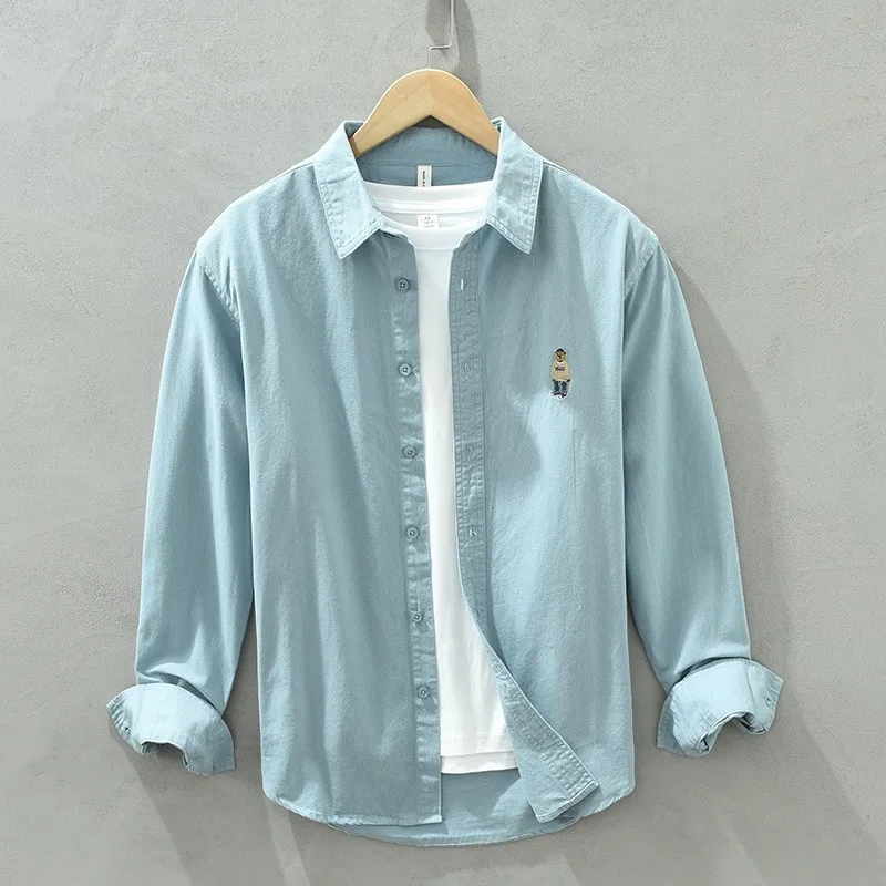 

Men's Casual Long Sve Cotton irt Spring Autumn Loose Fit Bear Embroidery Faion Outerwear Classic Sle Urban Faion