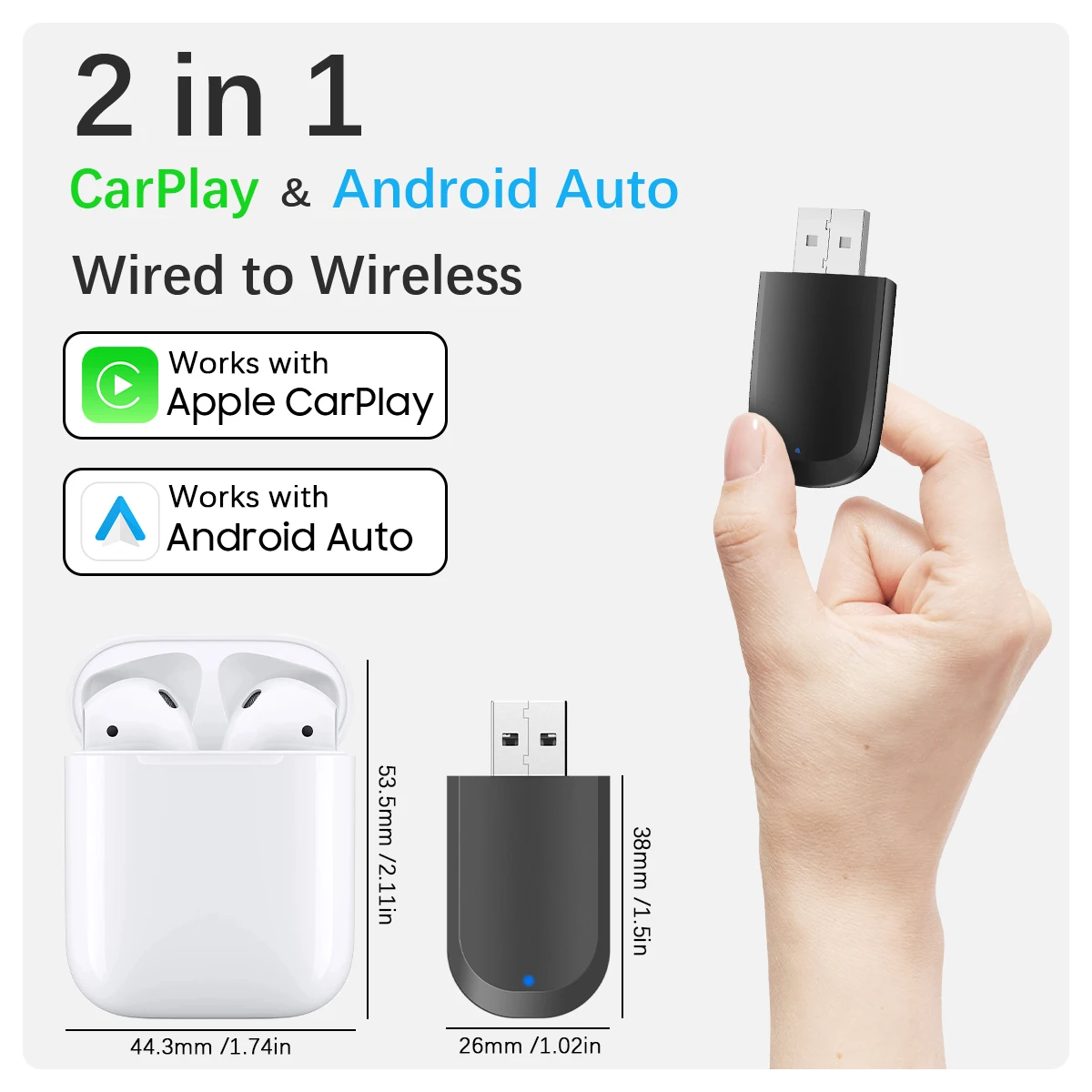 

Беспроводной адаптер A3 2-в-1 для CarPlay и Android Auto, смарт-бокс, Plug & Play, преобразует проводное подключение в беспроводное, с USB-портом
