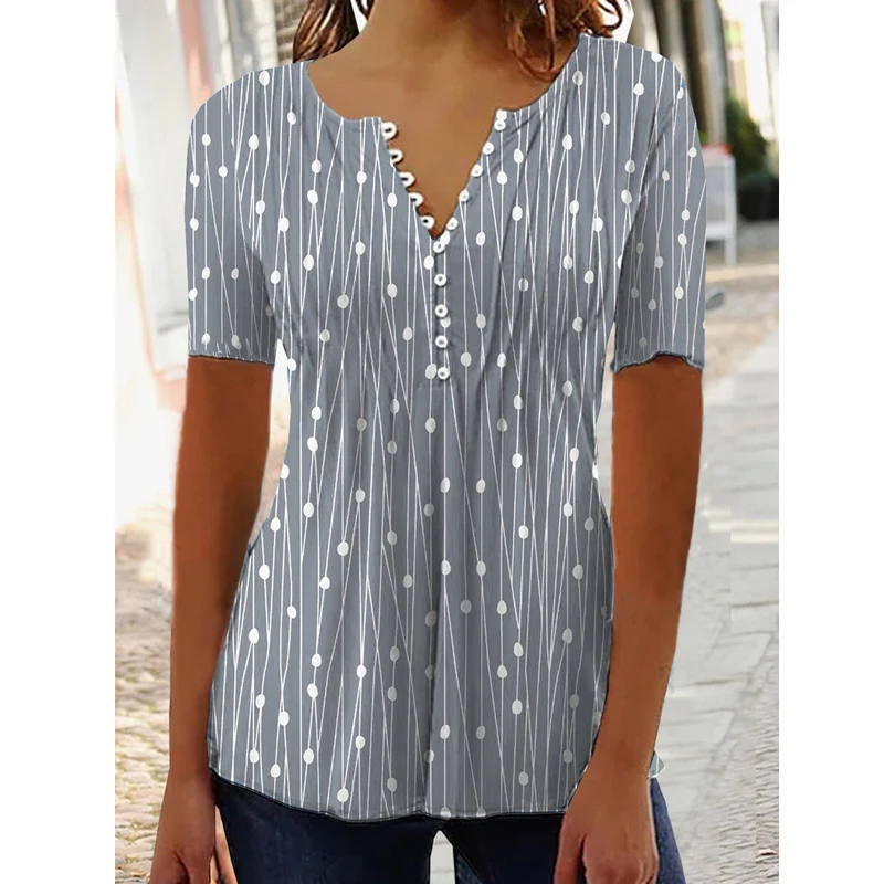 Women V-neck Polka Dot Print Elegant Blouse Summer Fashion Short Sleeve Loose Tunic Tops Casual Button Up Shirts Female Clothing