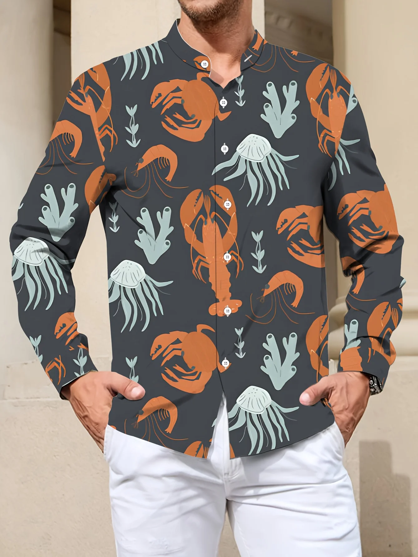 Men'S Stylish Dopamine Splicing Patterned Shirt - Long Sleeve, Button-Up, Lapel Collar, 