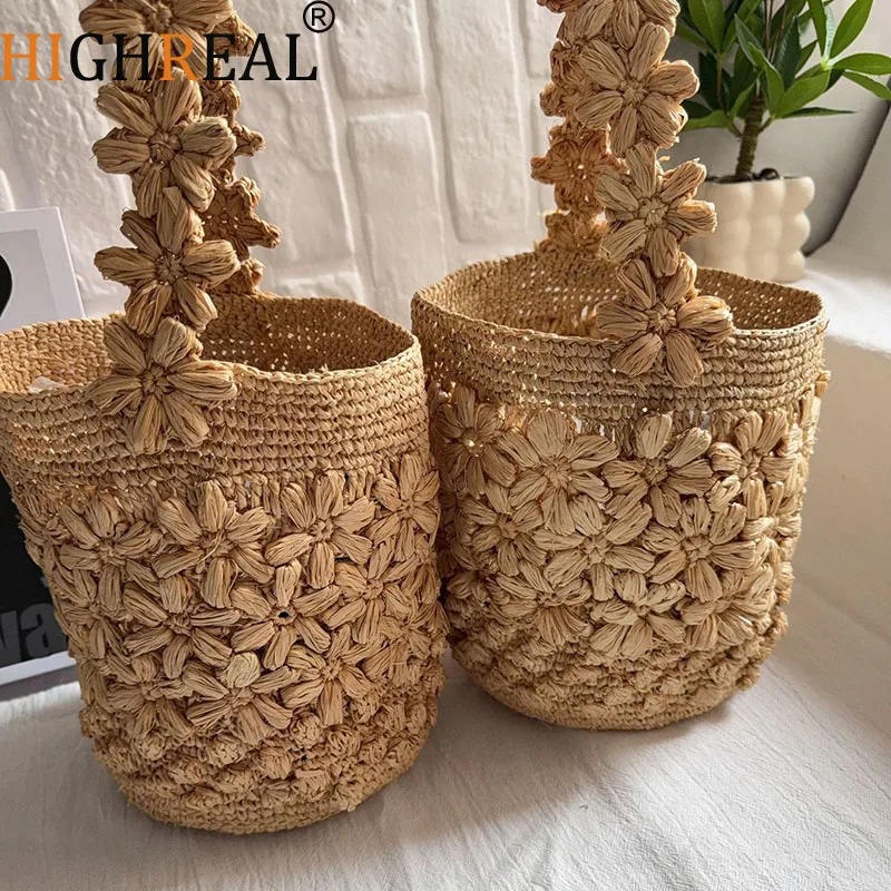 

Summer Raffia Straw Bags for Women Handbag Flower Woven Beach Bag Travel Rattan Shoulder Bag Natural Straw Bucket Women Bags NEW