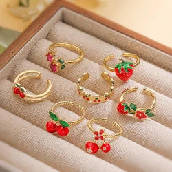 HECHENG, New Style Enamel Drip Oil Red Cherry Strawberry Cute Sweet Opening Adjustable Ladies Exquisite Ring Gift 1 Piece