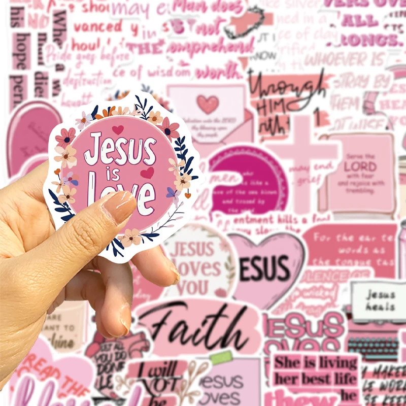 50Pcs Pink Bible Verse Stickers Christian Faith Quotes Waterproof Decals for Envelope Notebook Luggage Laptop Phone Stationery