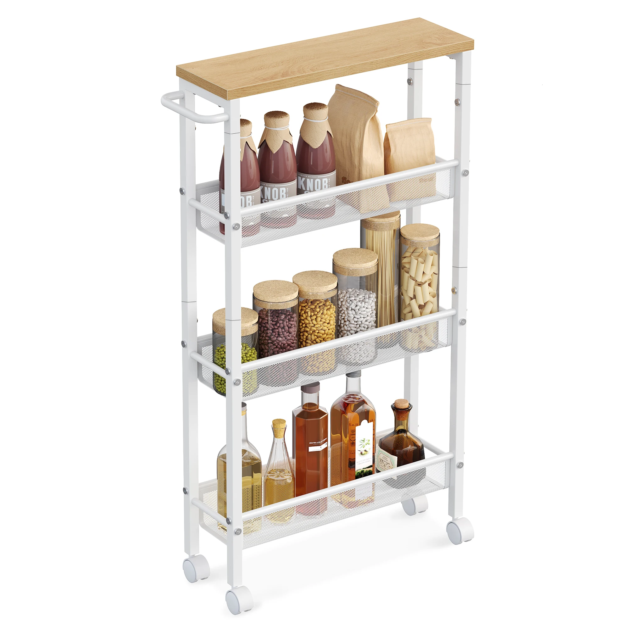 VASAGLE Slim Rolling Cart, 4-Tier Storage Cart, Narrow Cart with Handle, 5.1 Inches Deep, Metal Frame, for Kitchen, Dining Room