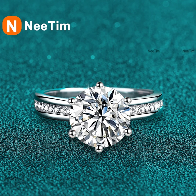 NeeTim 3ct 9mm D Color Moissanite Ring 925 Sterling Silver with White Gold Plated Wedding Eternity Engagement Rings for Women