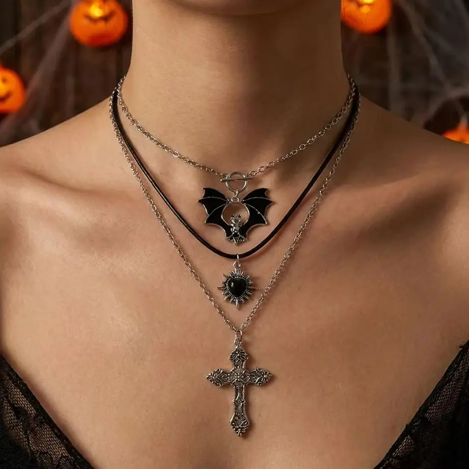 Gothic Bat Cross Long Necklace for Women Bizarre Sun Heart Bat Black Gun Stack Chain Punk Halloween Party Jewelry Gift