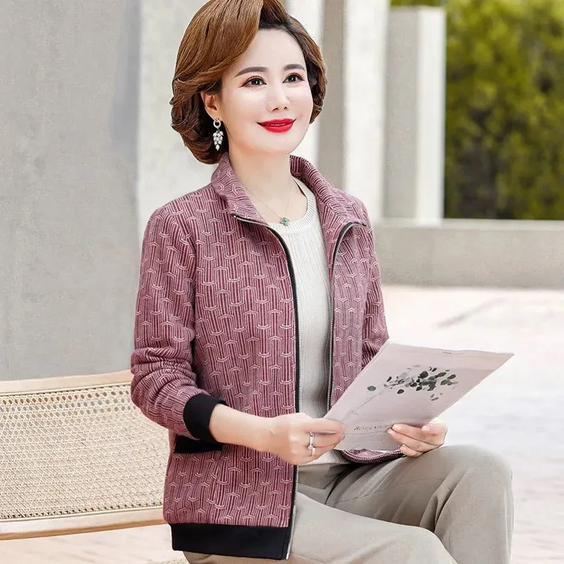 2022 Spring Autumn New Middle-Aged Elderly Mom Coat  Loose Lapel Zipper Fashion Jacket Women\'s Casual Long Sleeves Outerwear