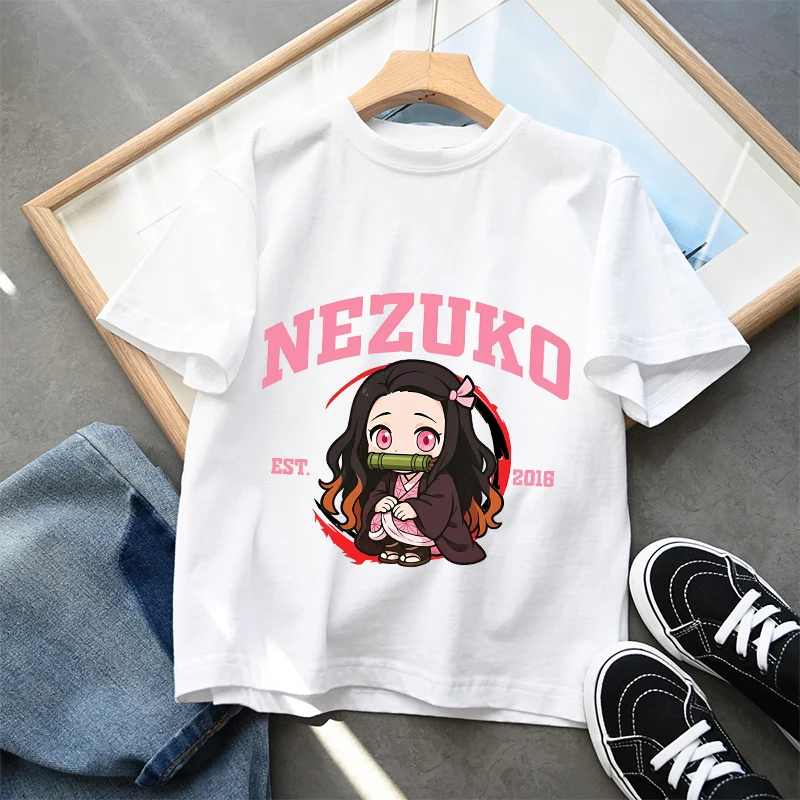 T-shirt Demon Slayer pour enfants, Kimetsu No Yaiba, garçons et filles, anime japonais, manches courtes, coton, blanc, vêtements de loisirs, haut pour la maison