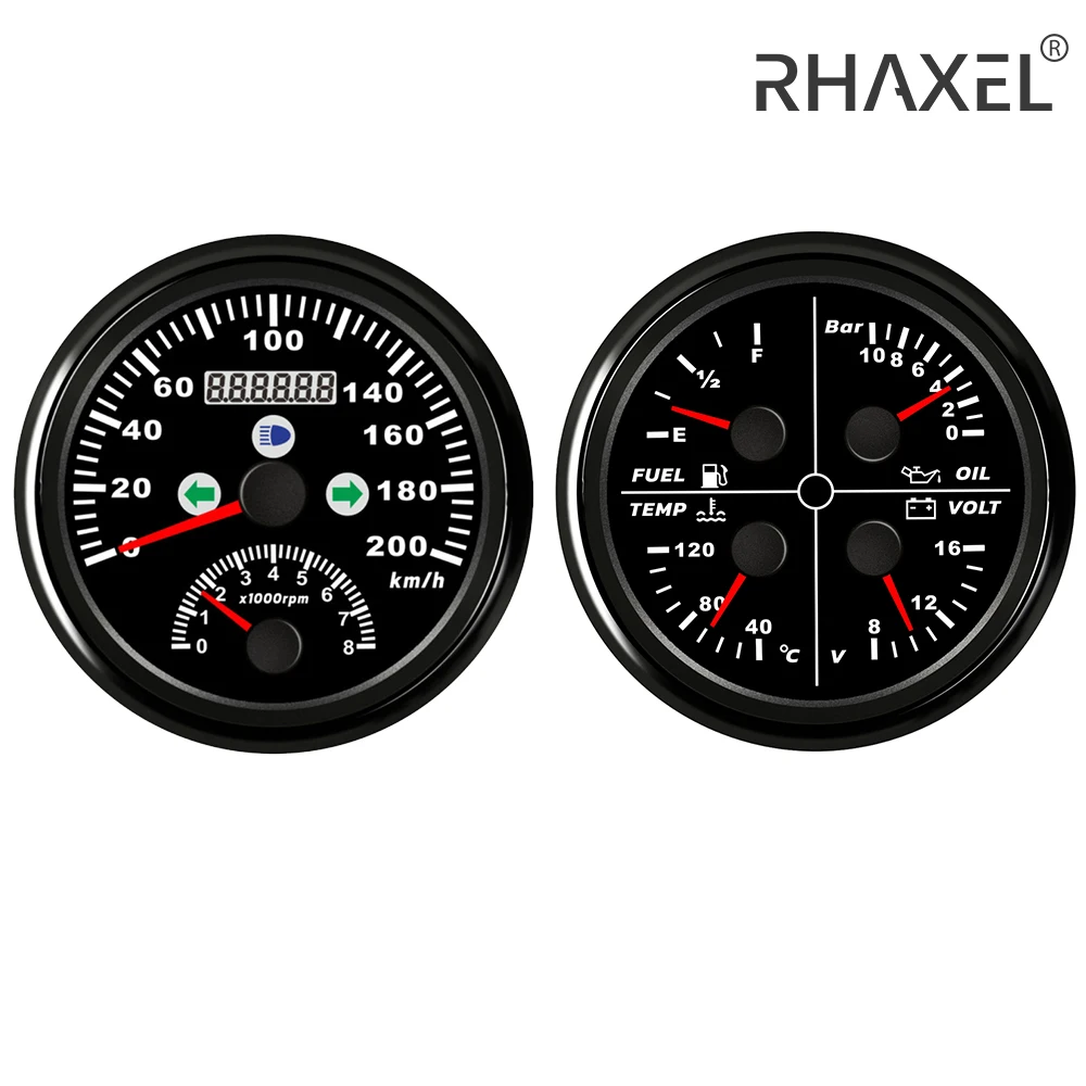 RHAXEL 2 Gauge Kit 2in1 Multi-Function Gauge 4in1 Fuel Level Water Temp. Oil Pressure 0-10Bar Voltmeter 12V with Red Backlight