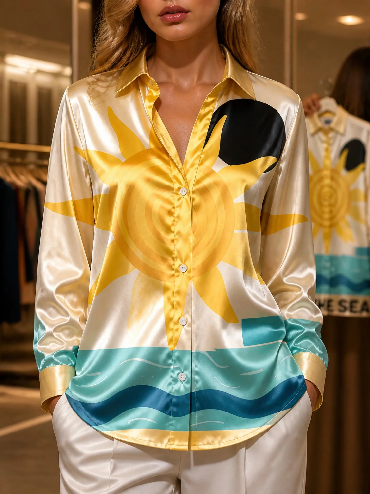 

Gold Sun Ocean Satin Blouse for Women Long Sleeve Button Down Shirt Boutique Shopping Resort Vacation Casual Silky Summer Top US
