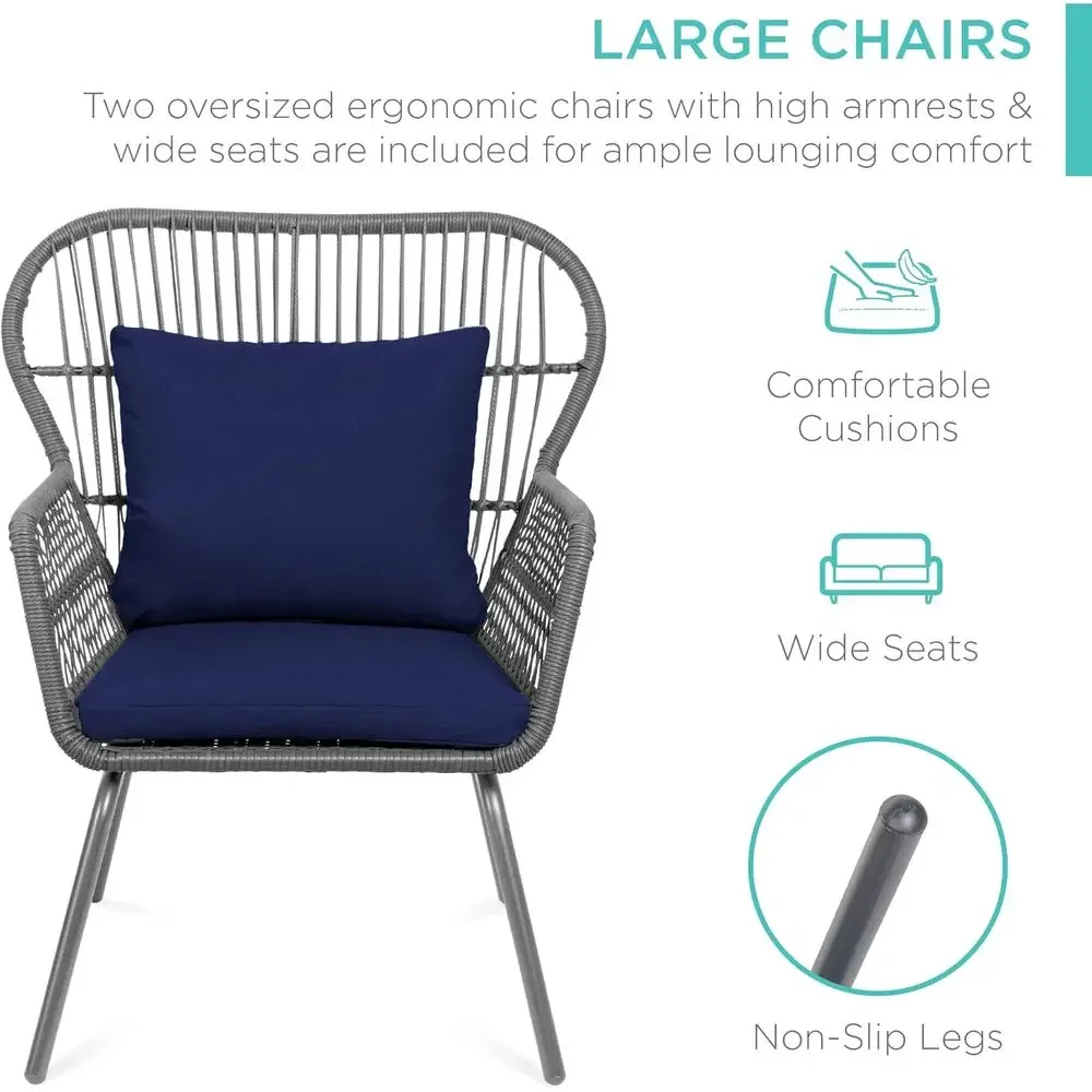 All-Weather 3-Piece Patio Bistro Set with 2 Comfortable Chairs and Glass Top Side Table - Gray/Navy