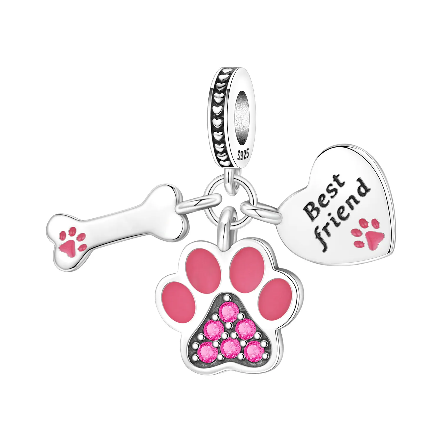 PANPOKI 925 Sterling Silver Bone Claw Printed Love Character Bead Original Pendants Bracelet Necklace Charm Jewelry DIY Gifts