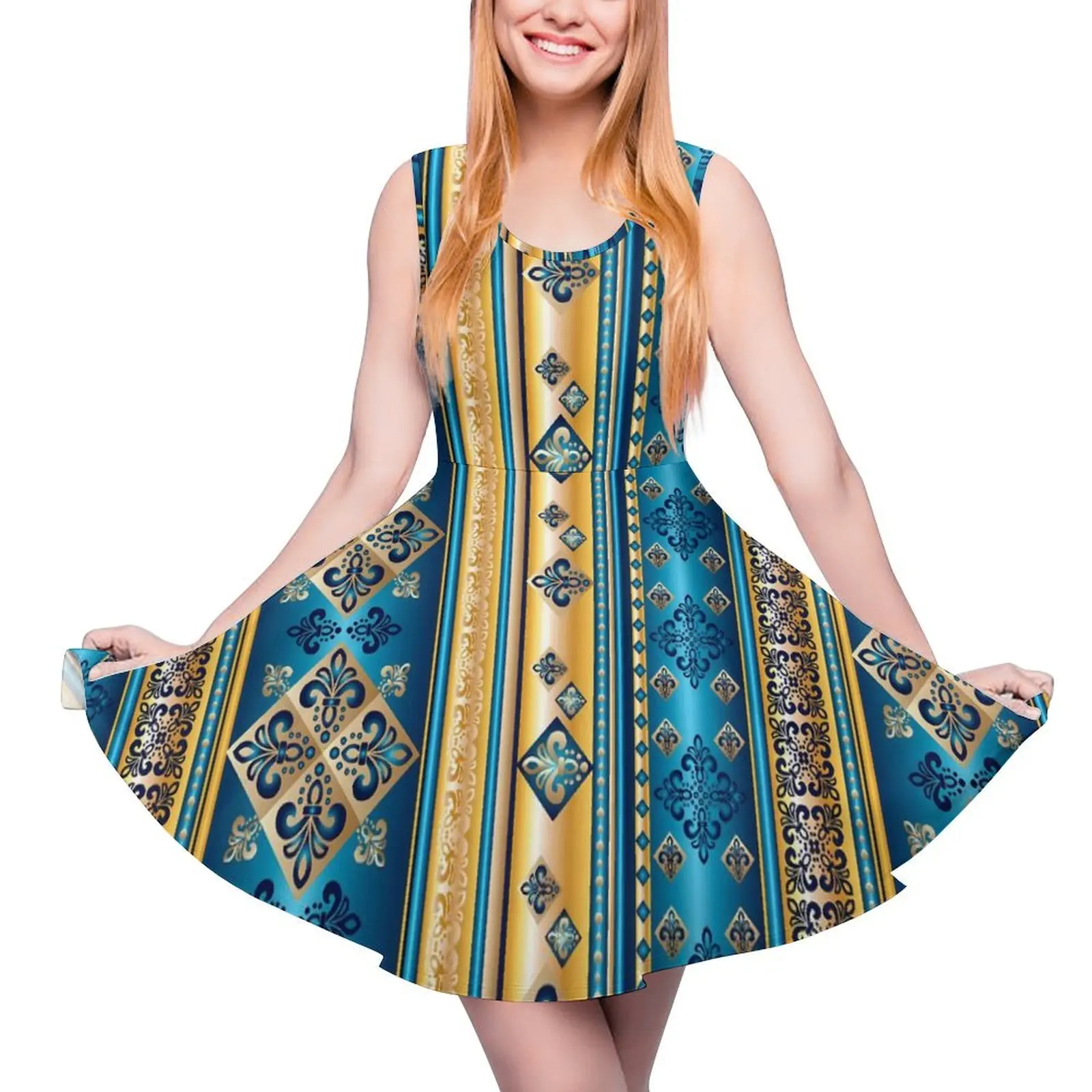 

Retro Ethnic Dress Blue Gold Yellow Sexy Dresses High Waist Street Wear Skate Dress Female Custom Vestidos Birthday Gift