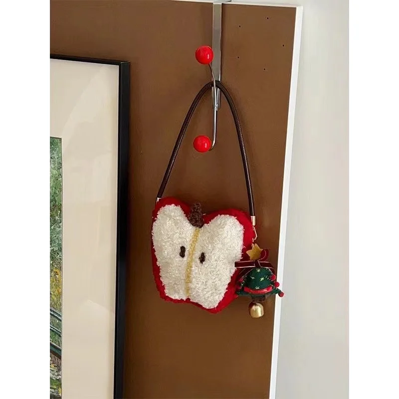 Unique Design Christmas Lamb Wool Apple Tote Bag Plush Mini Bag Versatile Shoulder Bag