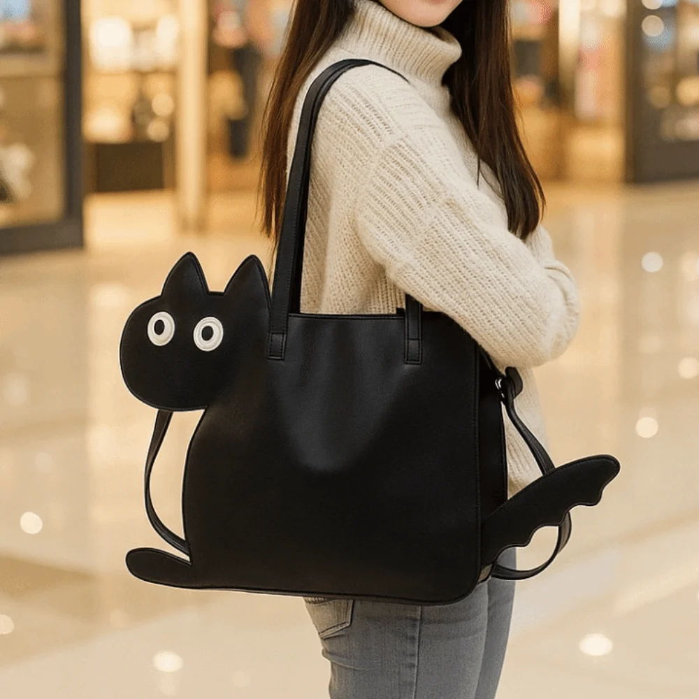 

Повседневная сумка-тоут в корейском стиле для щенков из искусственной кожи, большая вместительная плоская сумка с черным котом, милая сумка с изображением котенка, уличная сумка