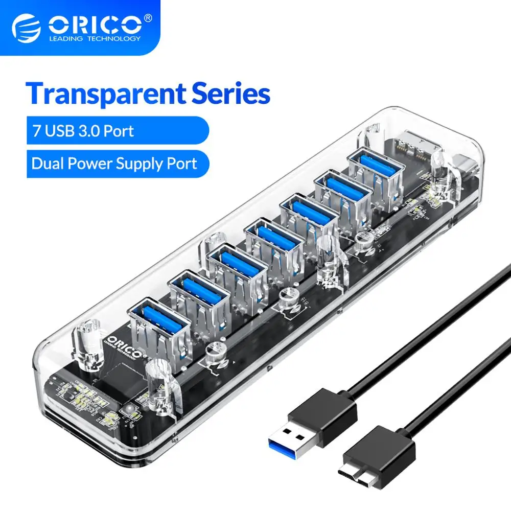 

ORICO Transparent Series USB HUB Multi 4 7 Port High Speed USB3.0 Splitter With Micro USB Power Port For Laptop PC OTG Adapter