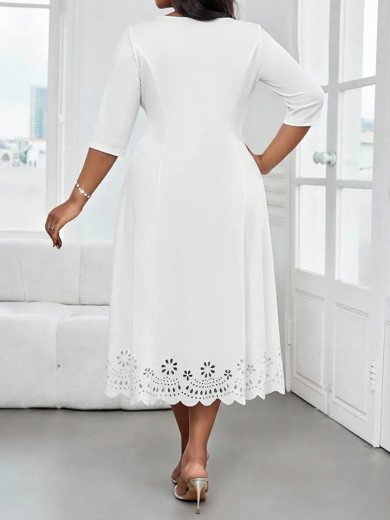 

Elegant Plus Size Midi Dress With Hollow Out Hem Women Formal Casual Dress