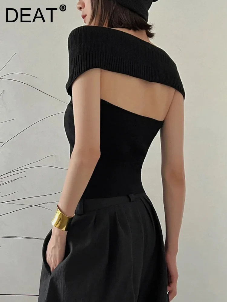 DEAT Fashion Women\'s Knitted Tank Tops Slash Neck Backless Slim Elastic Pullover Designer T-shirt Summer 2024 New Tide 7AB4576