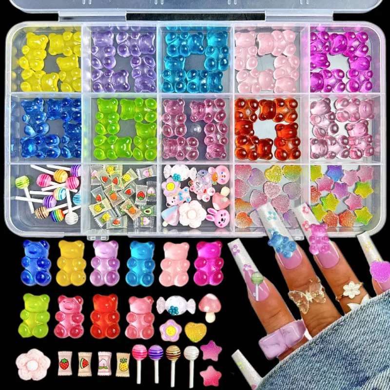 

1Box Cartoon Gummie Bear Star Nail Art Charms Colorful Lollipop Flower Resin Nail Decorations for DIY Nail Crafts Accessories