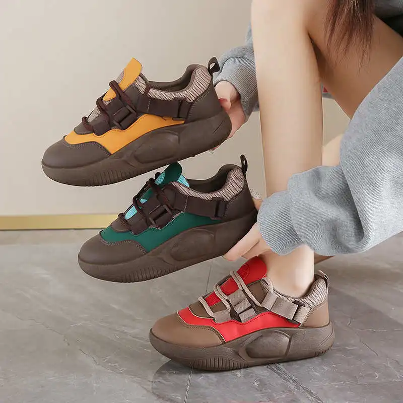 

Round Nose Plataform Women's Sneakers Without Heels Basketball Boots Brown Silver Flat Shoes Sports Trending Products Choes