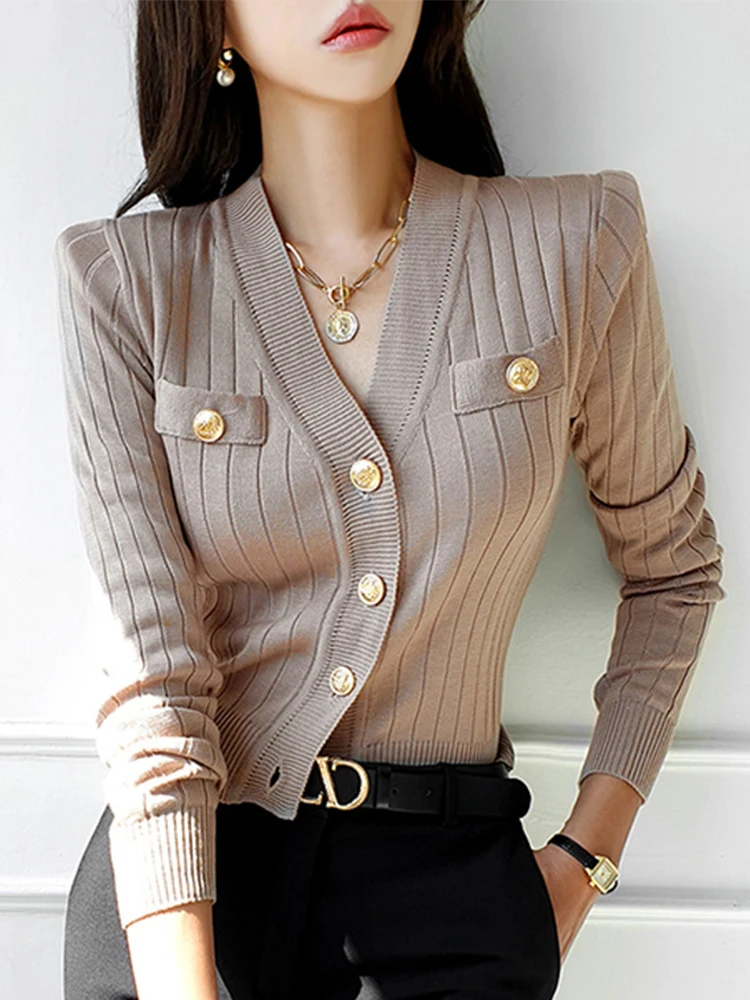 جديد إمرأة مخطط متماسكة كم طويل سترة قصيرة سترة الخامس الرقبة زر الذهب سليم بلايز عادية موضة تخفيف اليومية ملابس للسيدات #1