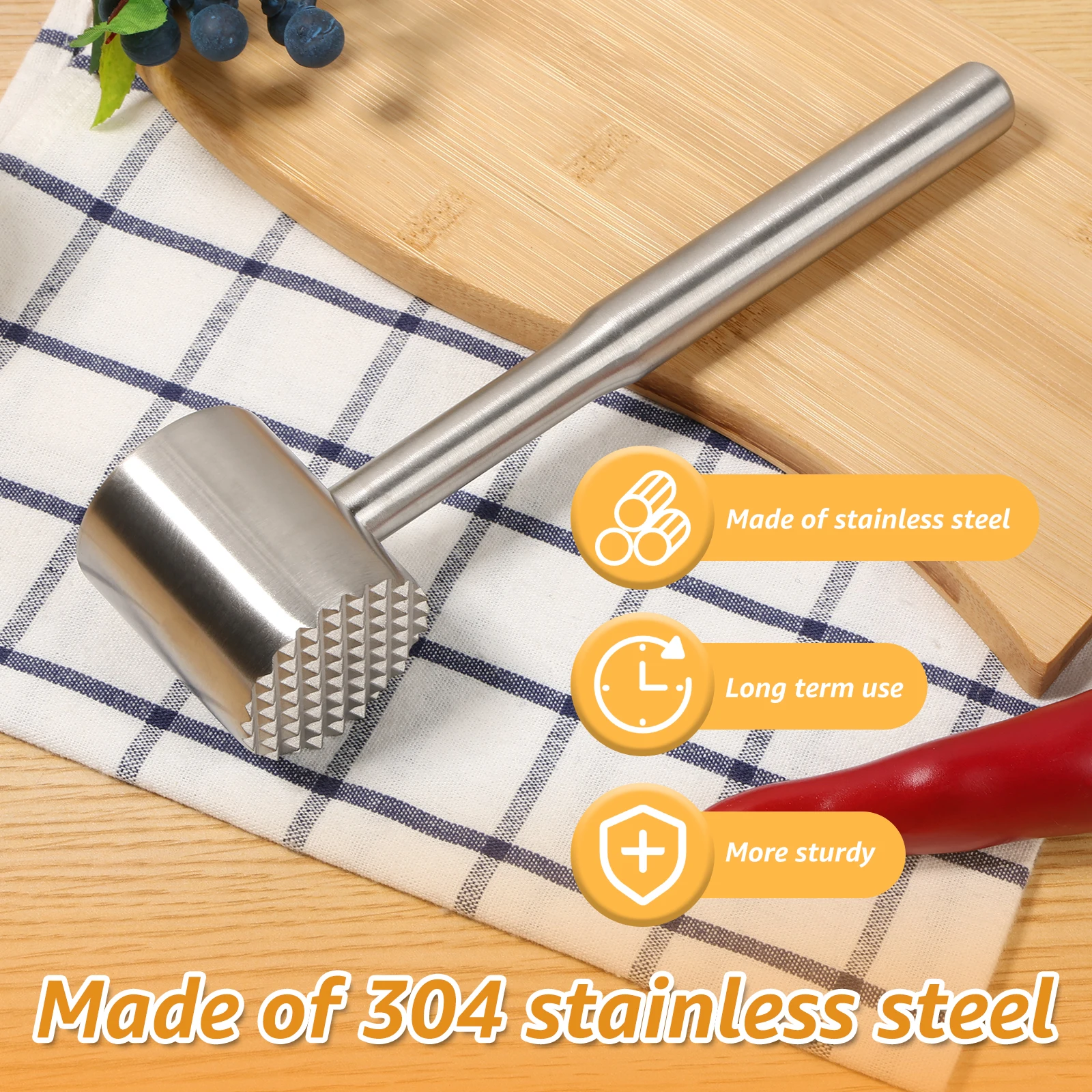 Dual Head Meat Hammer 304 Stainless Steel Meat Mallet Ergonomic Handle Non Slip Grip for Steak Tenderizing Home Kitchens