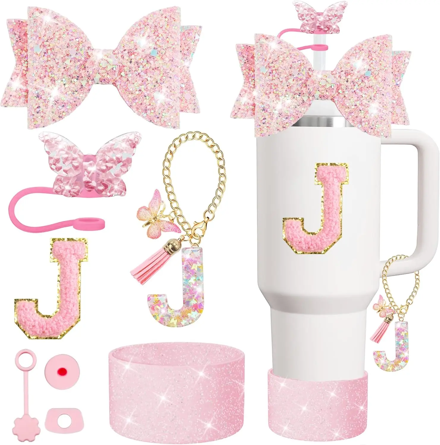 8PCS Cup Accessories Set for Stanley Cup 30 40oz Tumbler Straw Topper Cover Cap Boot,Spill Proof Stopper Charm Initials Sticker