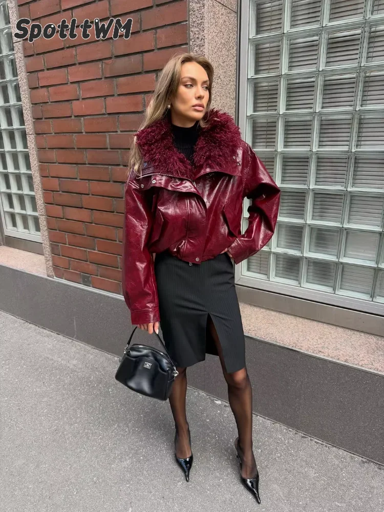 Women's Wine Red Faux Leather Jackets Lapel Full Sleeves Fur Patchwork Zipper Fit Cropped Short Coats 2026 Lady Daily Outwear