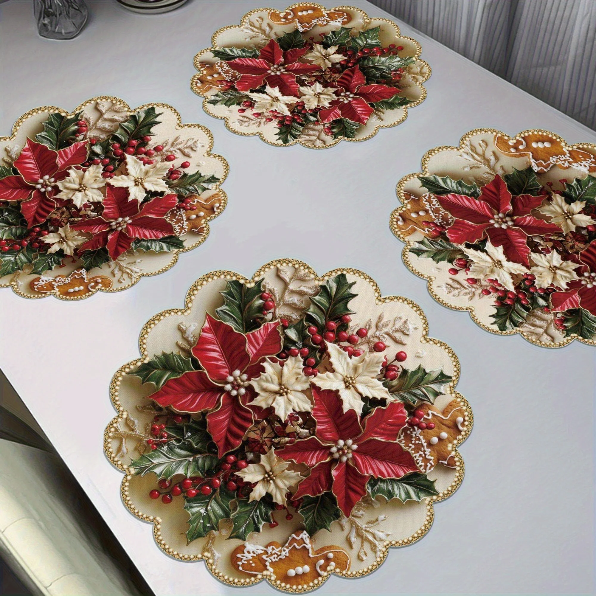 VIKAMA 4PC Christmas Mat with Red and White Colors Holly Leaves Berries Gingerbread Man Table Restaurant
