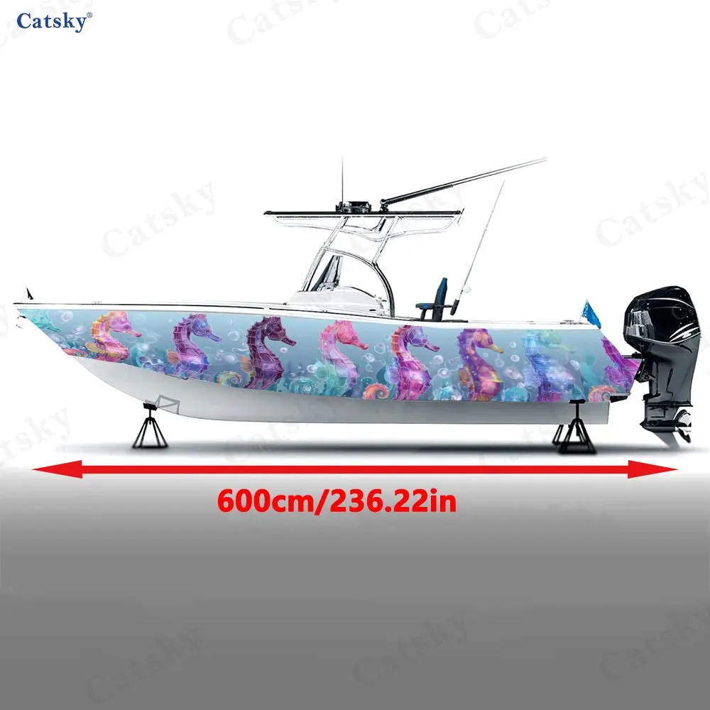 Colorful Seahorse Blue Water Boat Stickers, PVC Waterproof Vinyl Wrap Decals for Fishing Boats, Durable and Stylish Design