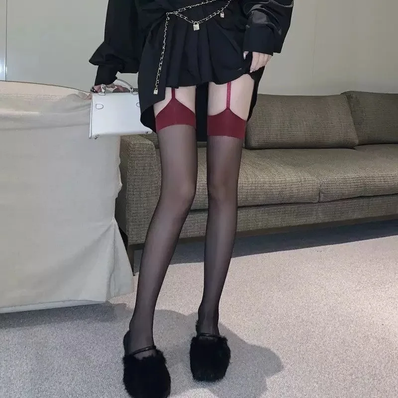 Women Suspender Black Silk Red Border Stockings Fashion Spring Jk Thin Color Blocked Over Knee High Socks Long Garter Stockings