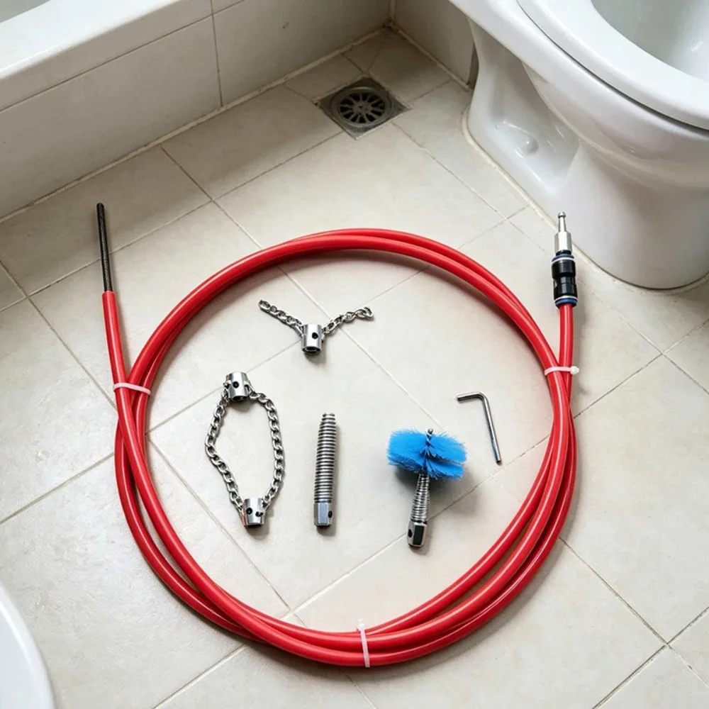 10mm Red Hose Toilet Tool, Household Sewer Floor Drain Pipe, Toilet Blockage, Kitchen Unclogging Hand Cranked Tool